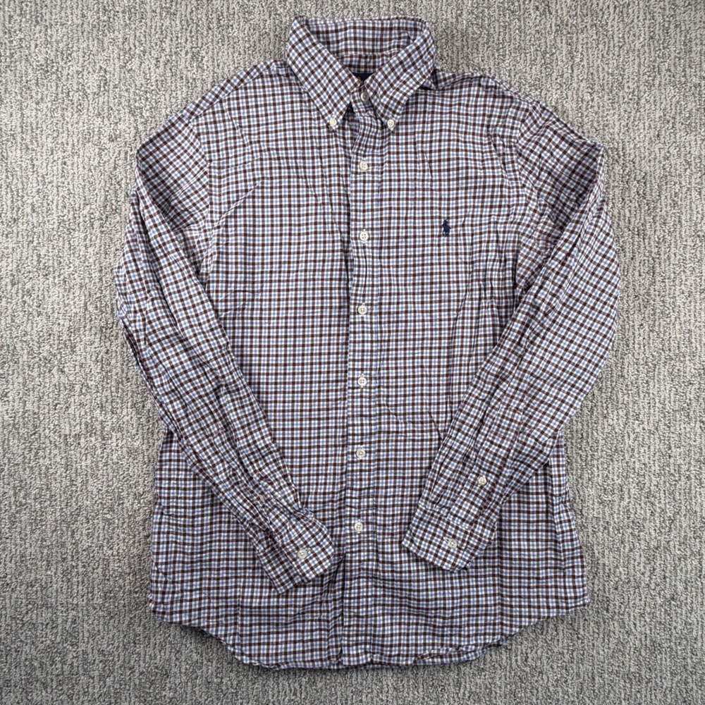 Ralph Lauren Button Down Shirt Mens M Brown Blue Gingham Plaid Long Sleeve